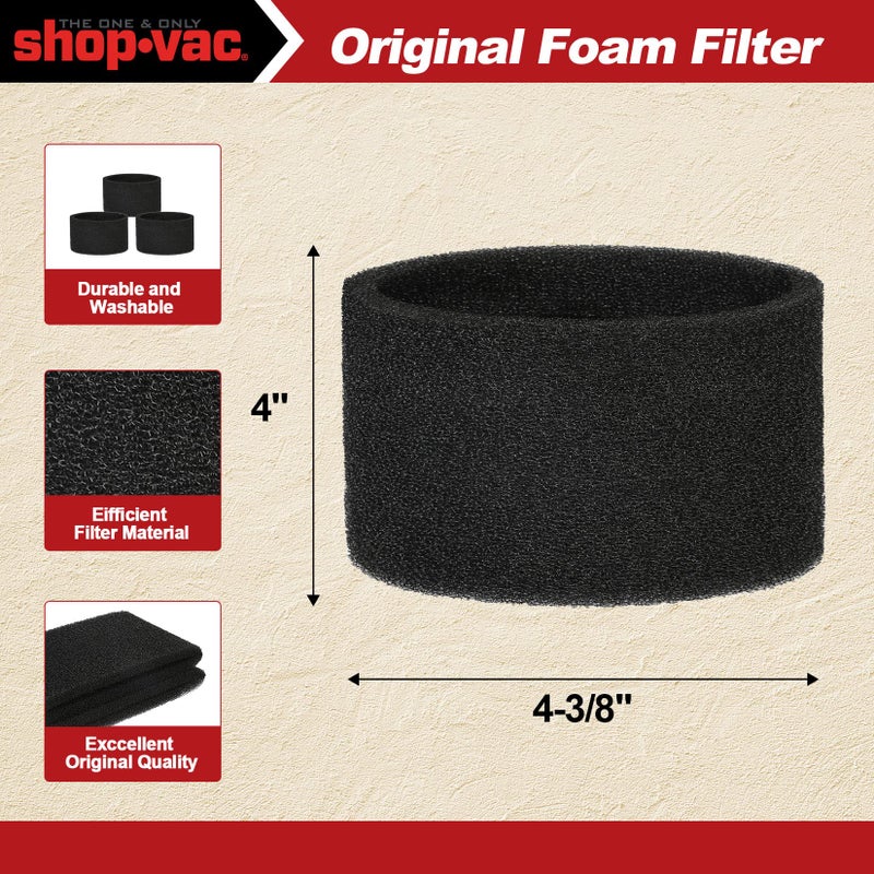 SHOPVAC Shop-Vac 90525 Foam Sleeve Filter Replacements, For Most 1 Gallon Shop-Vac Wet/Dry Vacuum Cleaners, Replace Parts # 9052500, 3 Pack - Image 2